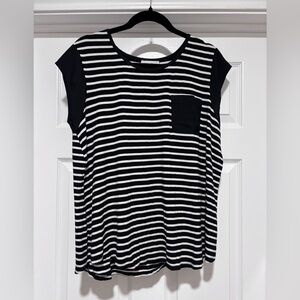 0047- Calvin Klein Plus Size 1X Black White Striped Blouse Minimalist Chic